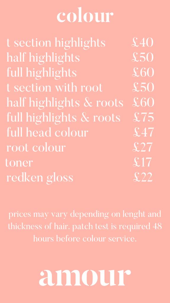 hair colour prices amour salon salford