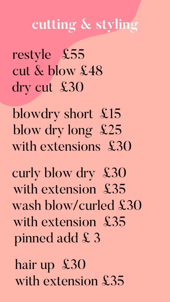 Cutting and styling prices at amour hairdressers salford