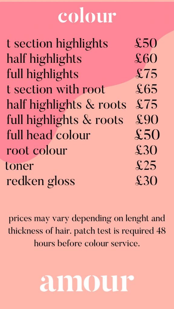 amour hair salon colour prices salford