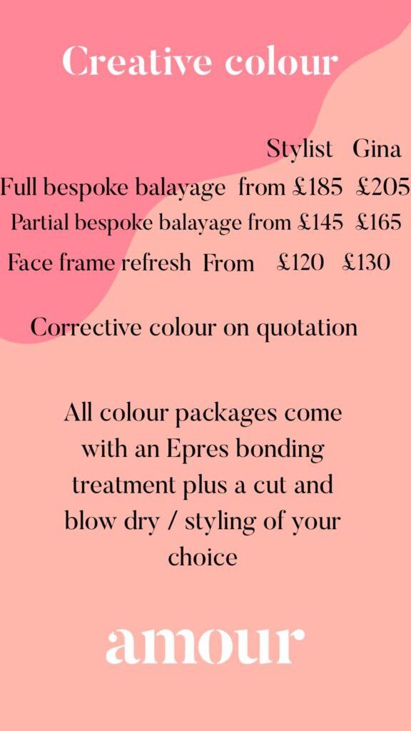 creative colour price list at amour hairdressing salon salford