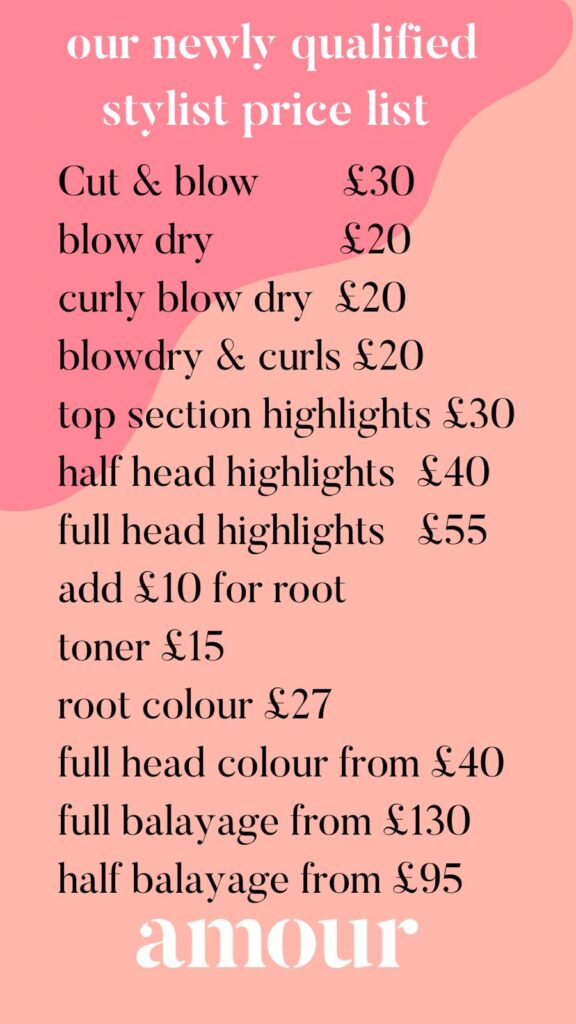newly qualified stylist colour prices at amour hairdressers salford
